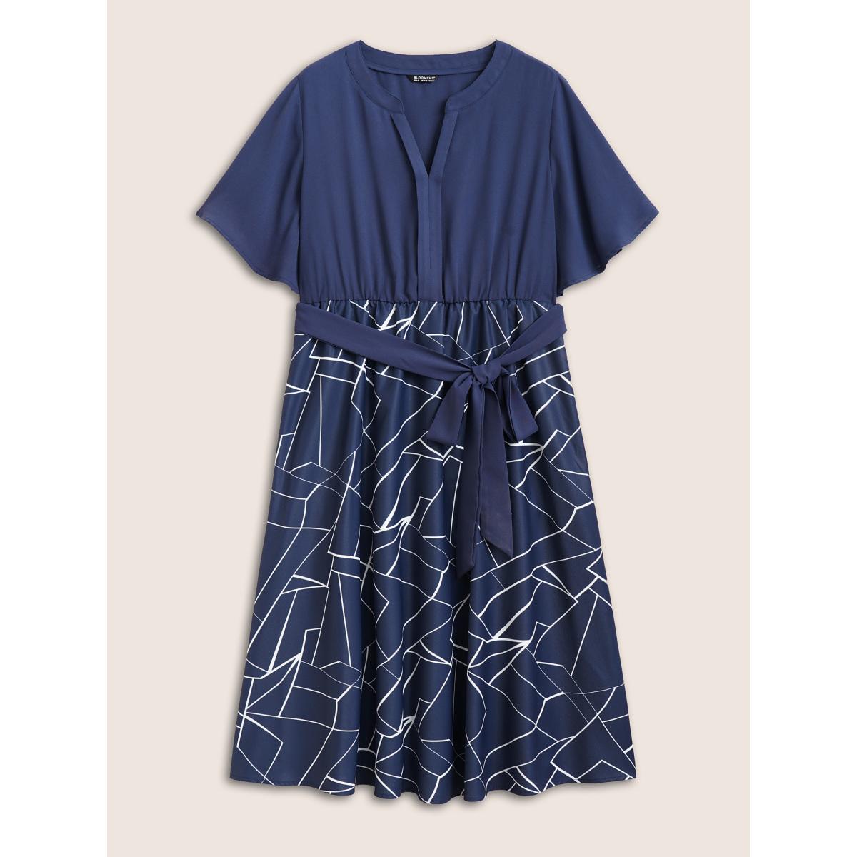 Plus Size Geometric Flat Collar With V Notch Belted Dress Indigo Women At the Office Belted Flat collar with V-notch Short sleeve Curvy Midi Dress BloomChic 18-20/2X Product Image