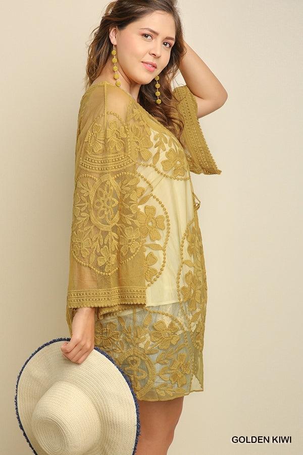 1136   ReeAnn Floral Lace Kimono w/ Waist Tie - Reg & Plus Product Image