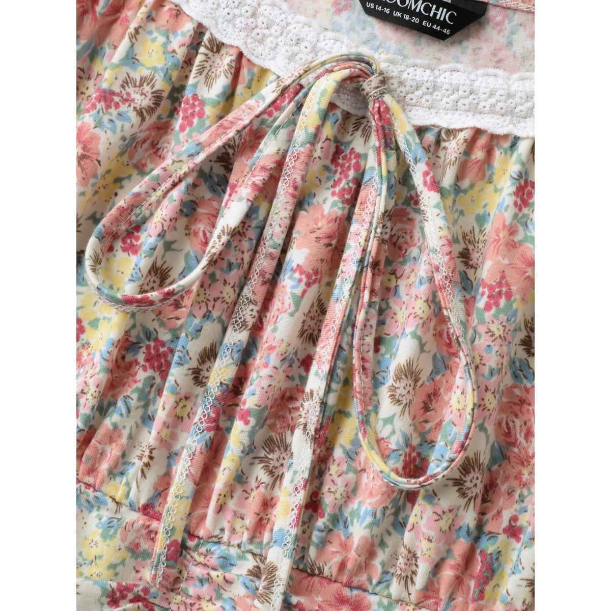 Plus Size Lace Neck Pleated Waist Pockets Midi Dress Multicolor Women Knit Dresses Bloomchic 30/6X Product Image