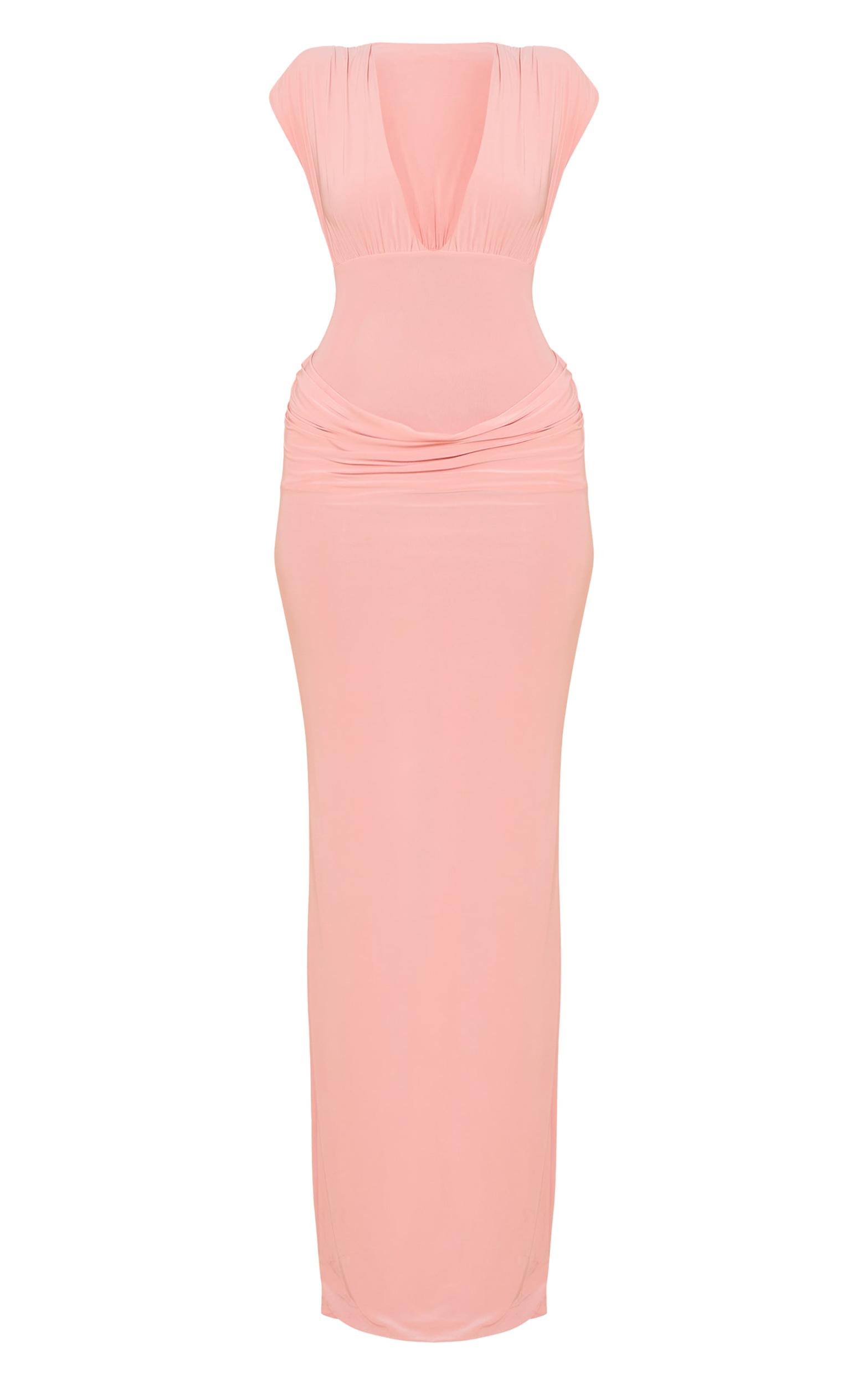Blush Double Layer Plunge Ruched Shoulder Drape Waist Maxi Dress Product Image