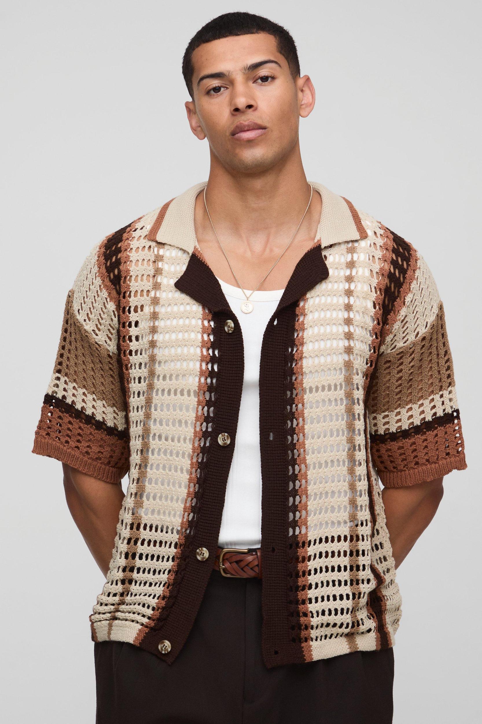 Regular Fit Revere Stripe Open Stitch Knitted Shirt | boohooMAN USA Product Image