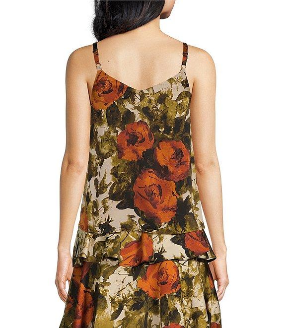 Skies Are Blue Floral Print V Neck Sleeveless Double Strap Coordinating Tank Top Product Image