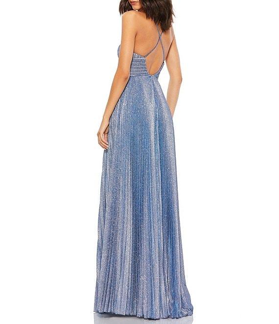 Mac Duggal Metallic Pleated Deep V-Neck Crisscross Back Detail Sleeveless Gown Product Image
