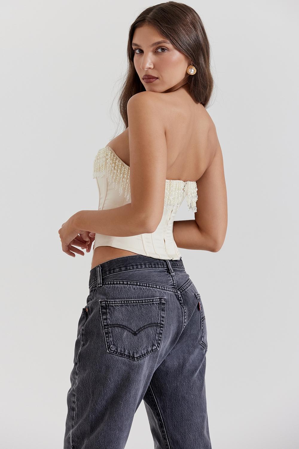 Aubrie  vintage cream embellished satin corset Product Image