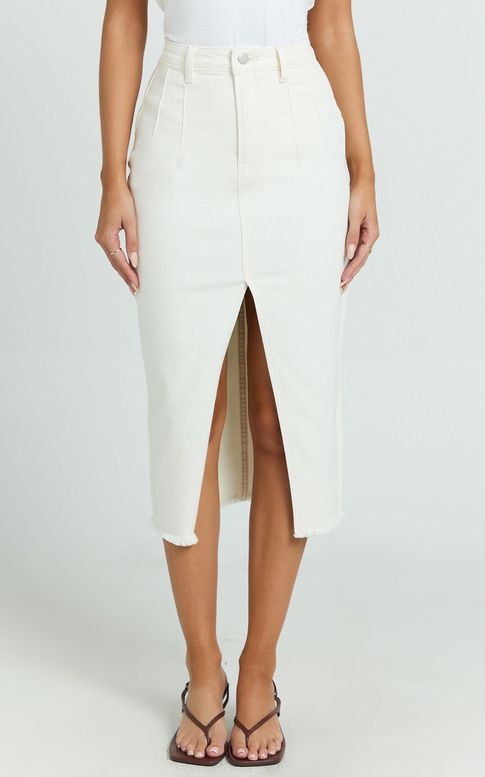 Janeve Midi Skirt - Front Split Denim Skirt in Ecru Product Image