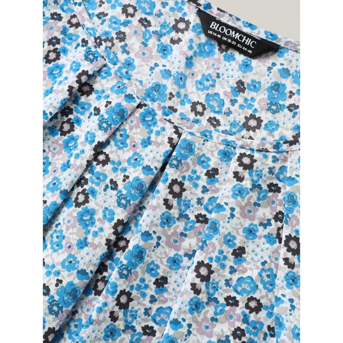 Plus Size Skyblue Floral Print Petal Sleeve Pleated Neck Blouse Women Short sleeve Round Neck Elegant Blouses BloomChic 26/4X Product Image