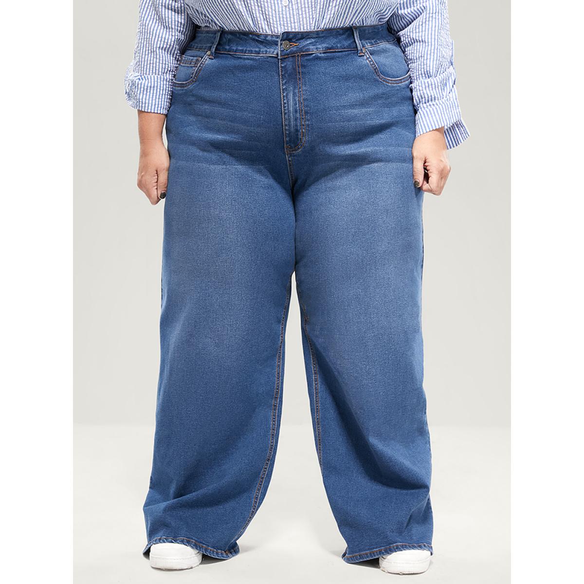 Plus Size Straight Moderately Stretchy High Rise Dark Wash Sculpt Waist Jeans Women DarkBlue Casual Plain Medium stretch Pocket Jeans BloomChic 22/3X Product Image