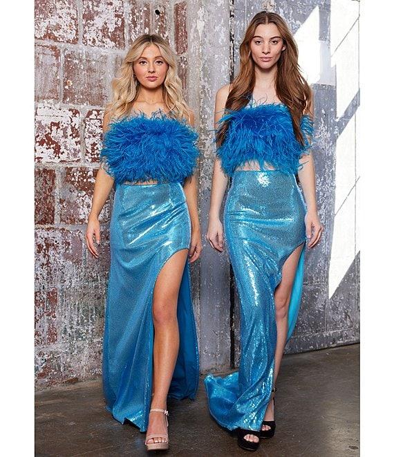 Dear Moon Faux Feather Strapless Sequin Embellished Long Two-Piece Dress Product Image