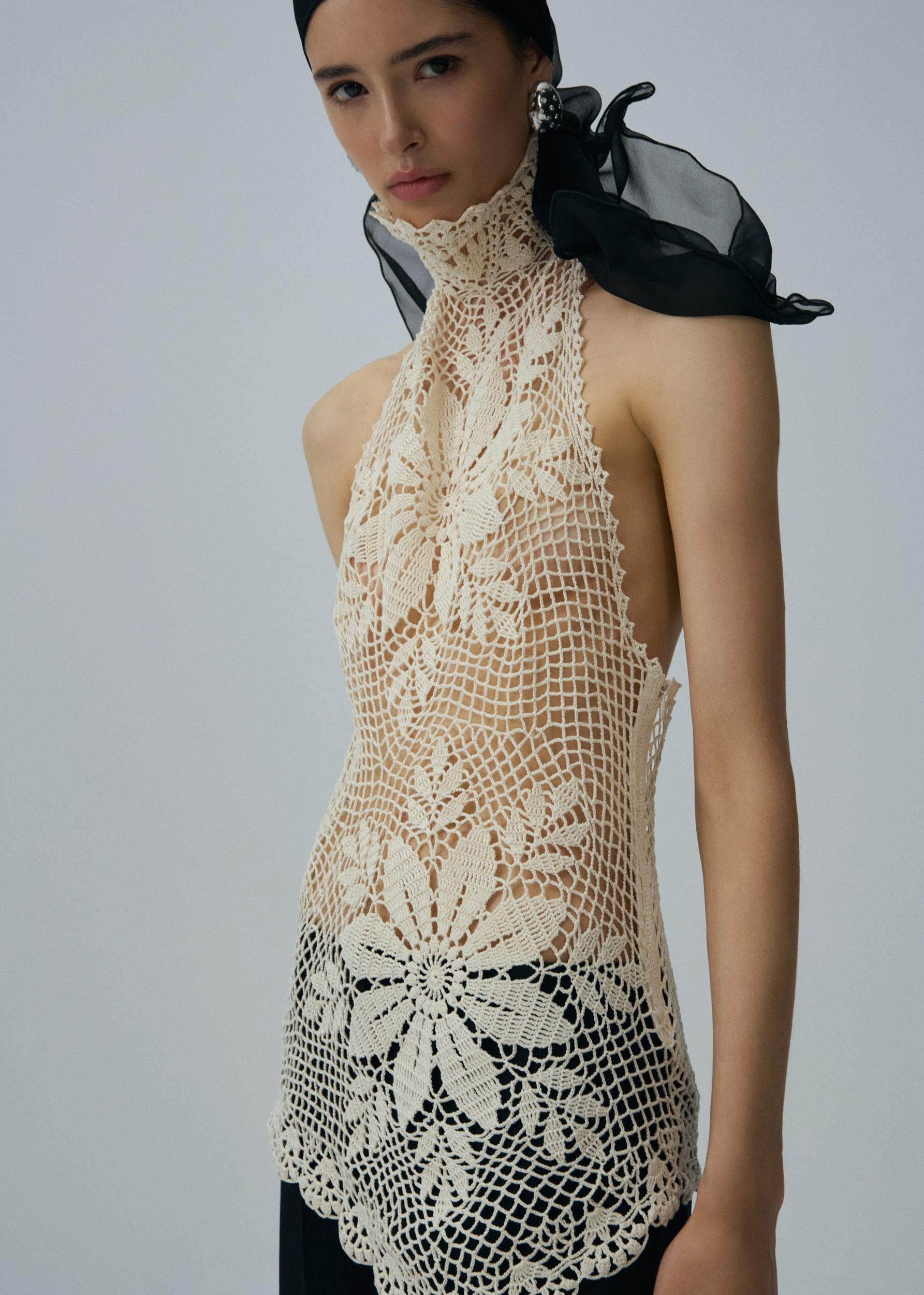 Lace crochet high neck blouse in cream Product Image