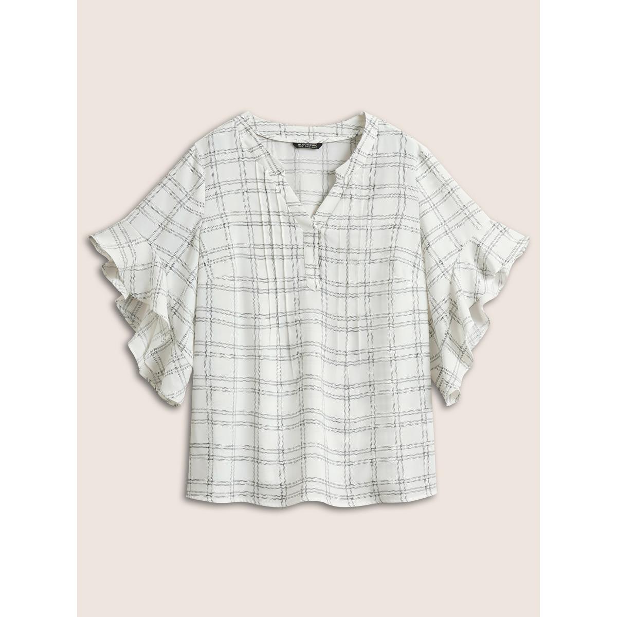 Plus Size White Plaid Notched Patchwork Ruffle Sleeve Blouse Women At the Office Half Sleeve Flat collar with V-notch Work Blouses BloomChic 18-20/2X Product Image