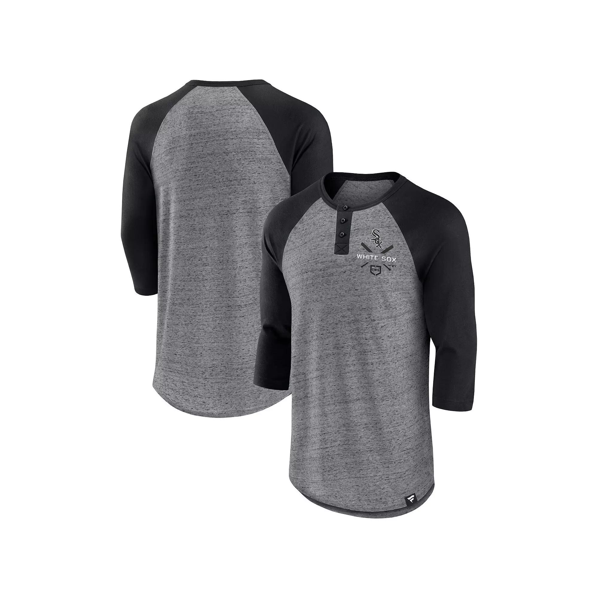Men's Fanatics Branded Heathered Gray/Black Chicago White Sox Iconic Above Heat Speckled Raglan Henley 3/4 Sleeve T-Shirt, Size: Large, Grey Product Image