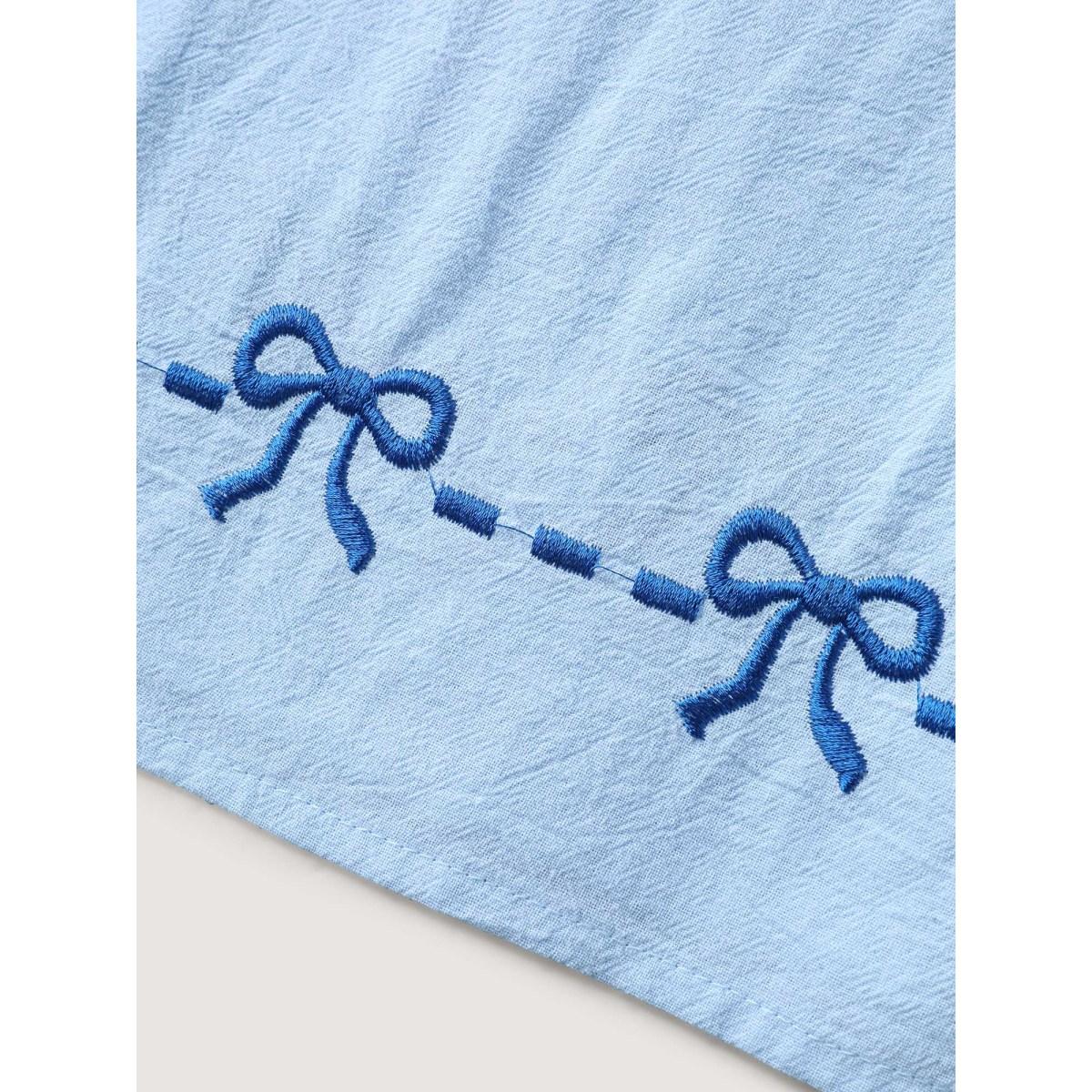 Plus Size LightBlue Bow-tiful Embroidery Ruched Neck Blouse Women Cap Sleeve Heart neckline Everyday-Elegant Blouses BloomChic 10/M Product Image