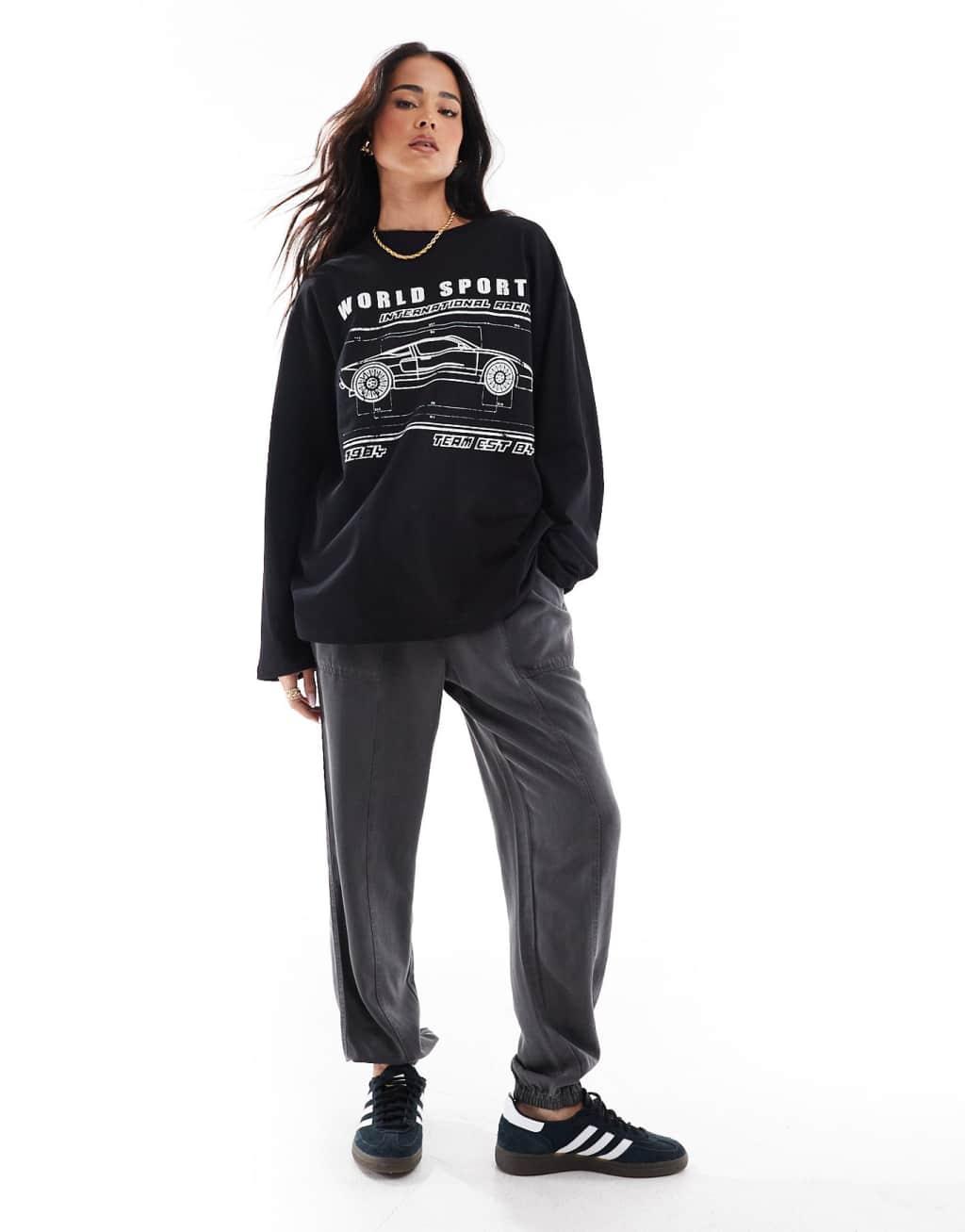 ASOS DESIGN long sleeve skate top with world sports car graphic in black Product Image