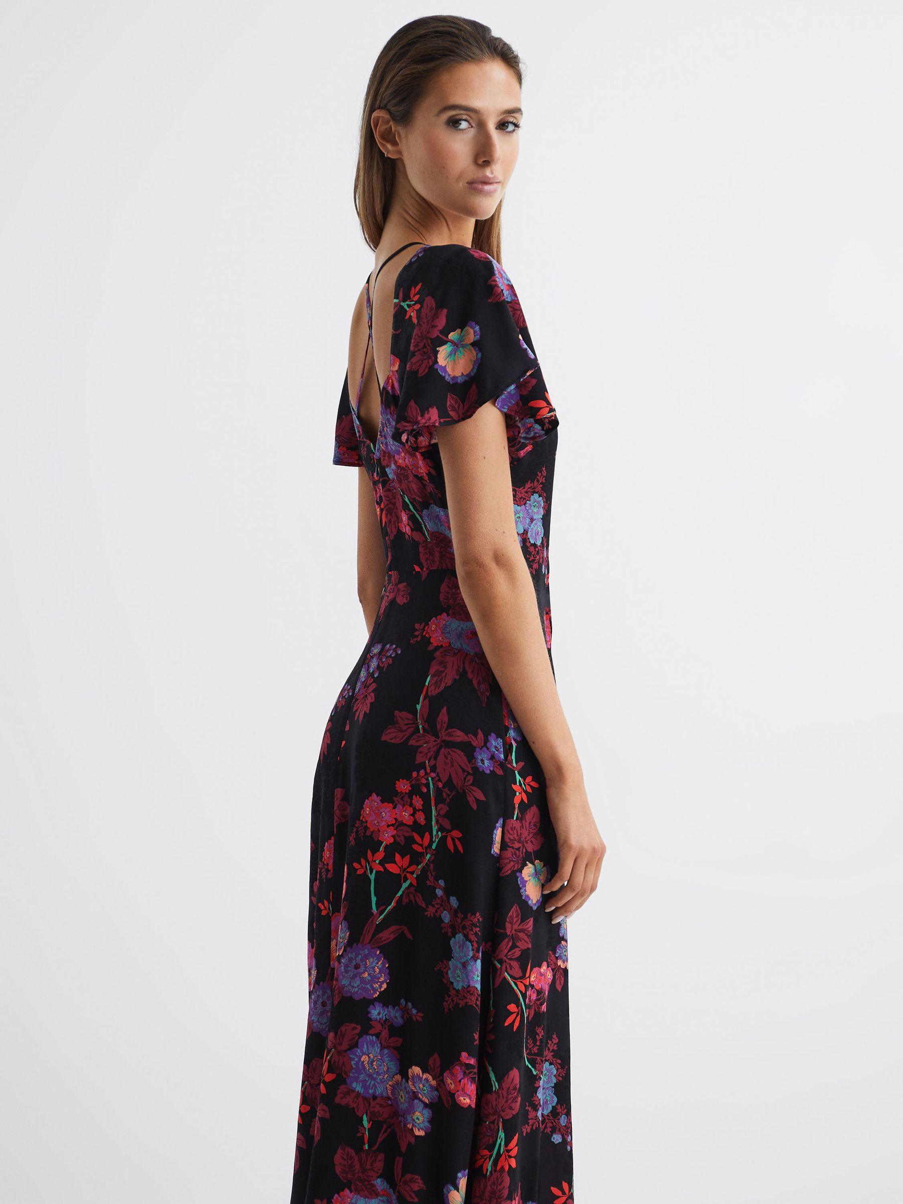 Fitted Floral Print Midi Dress in Black/Pink Product Image