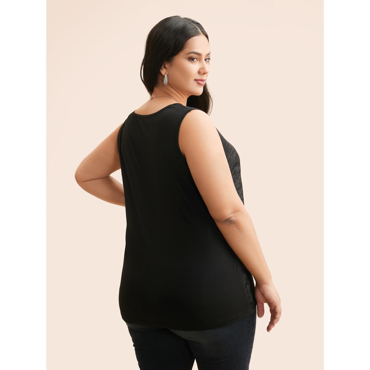 Plus Size V Neck Metal Texture Patchwork Tank Top Women Black Casual Patchwork V-neck Everyday Tank Tops Camis BloomChic 14-16/1X Product Image