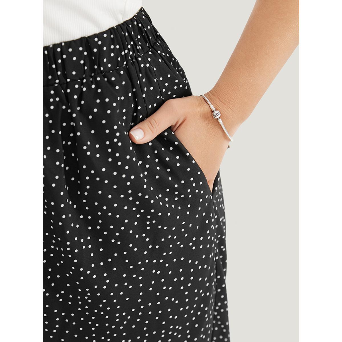 Plus Size Polka Dot Elastic Waist Split Hem Pants Women Black Elegant Mid Rise Dailywear Pants BloomChic 12/L Product Image