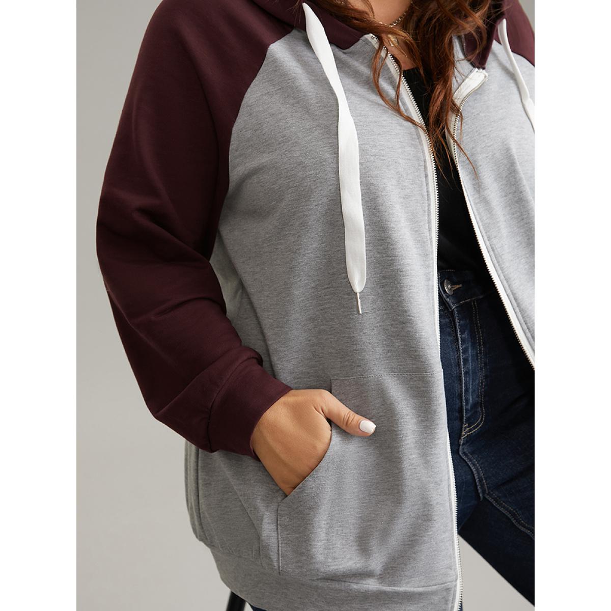Plus Size Contrast Raglan Sleeve Zipper Hooded Sweatshirt Women Gray Casual Contrast Hooded Dailywear Sweatshirts BloomChic 26/4X Product Image