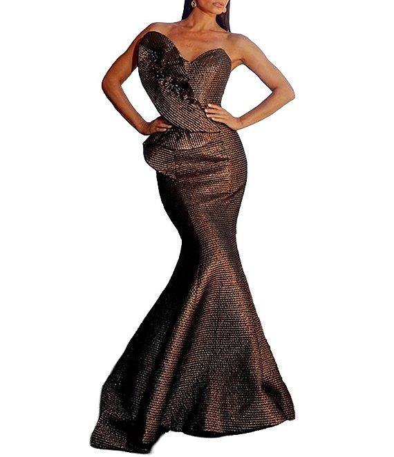Terani Couture Sweetheart Neck 3D Ruffle Metallic Jacquard Mermaid Dress Product Image