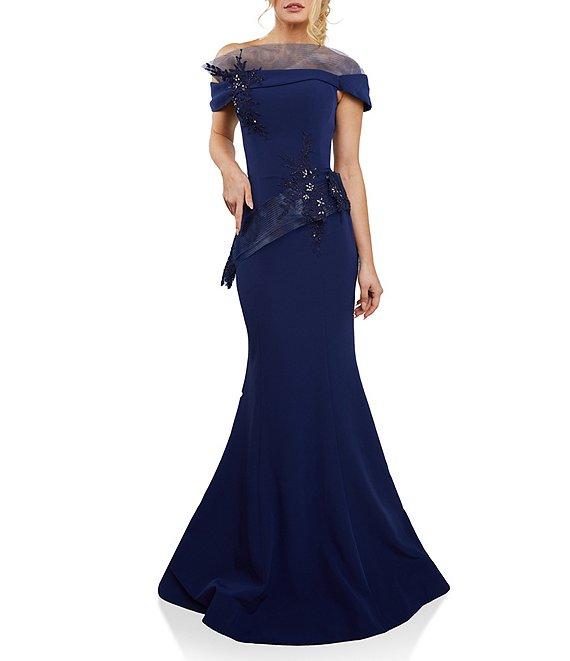 Terani Couture Stretch Satin Off-the-Shoulder Cap Sleeve Sash Gown Product Image