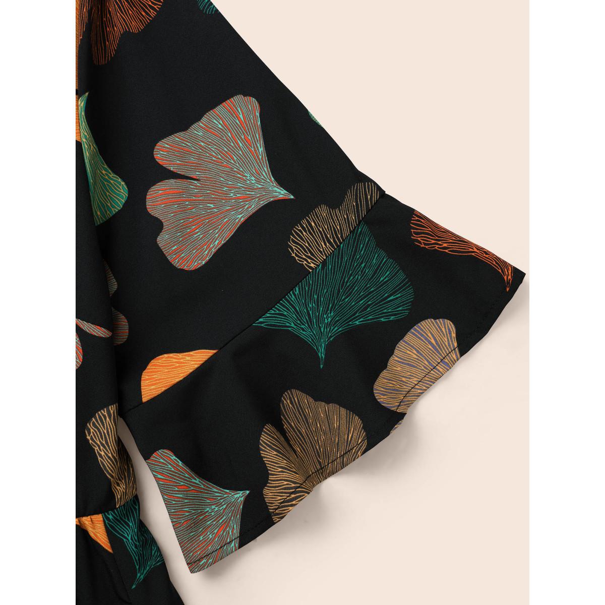 Plus Size Floral Print Notched Ruffle Sleeve Dress BlackFlower Women Elegant Ruffles Flat collar Half Sleeve Curvy BloomChic 10/M Product Image