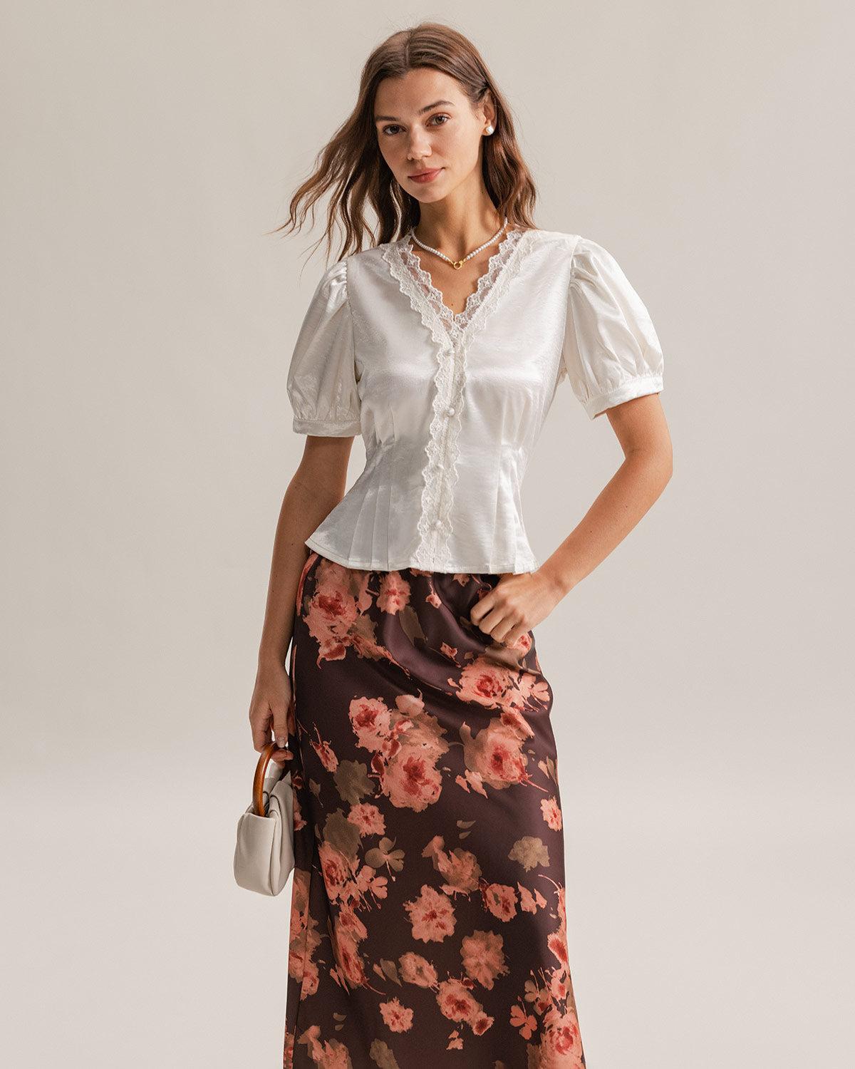 White Satin V Neck Ruched Blouse Product Image