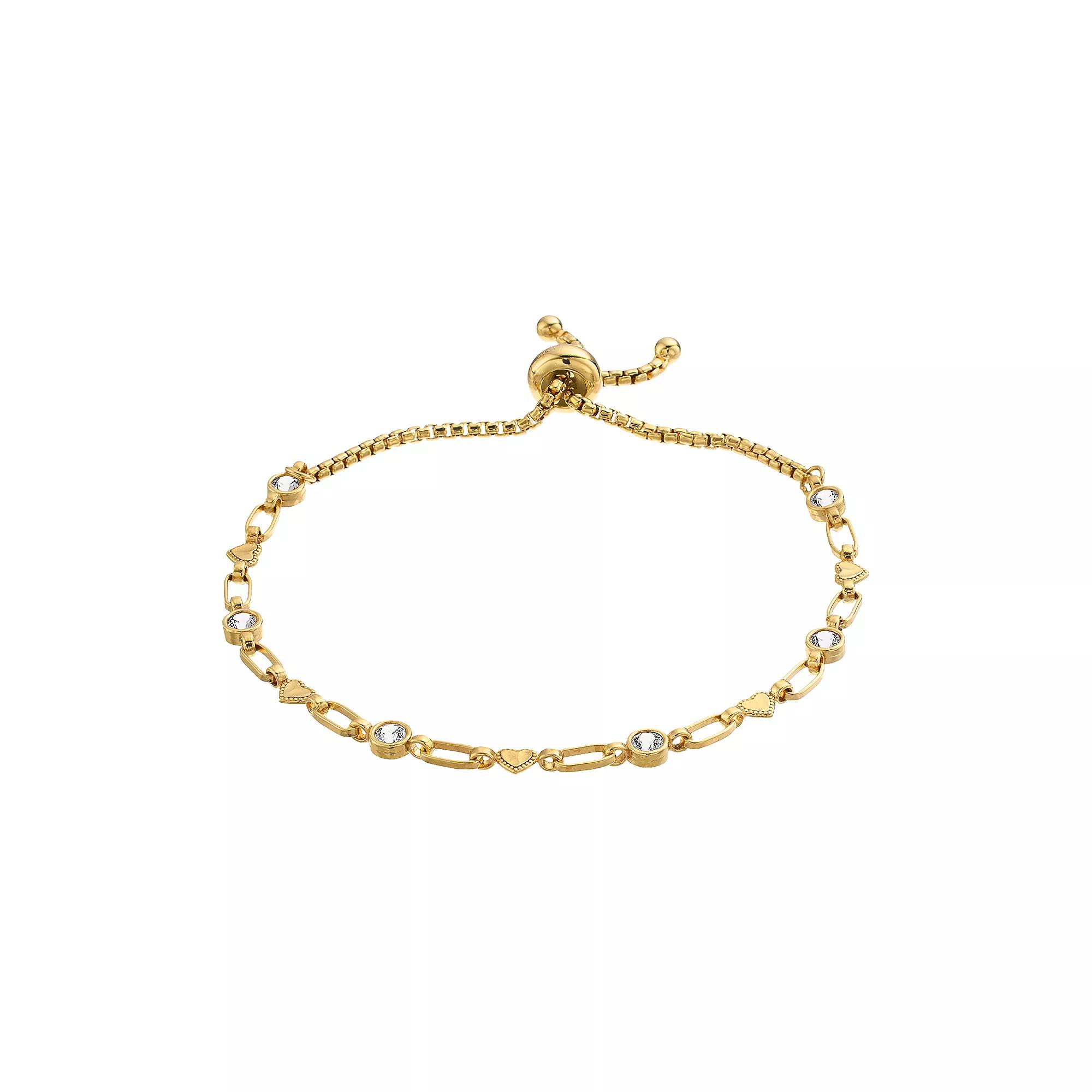 Kristen Kesho Sterling Silver Lab-Created White Sapphire & Heart Link Adjustable Bolo Bracelet, Women's, Size: 9.50, Gold Tone Product Image