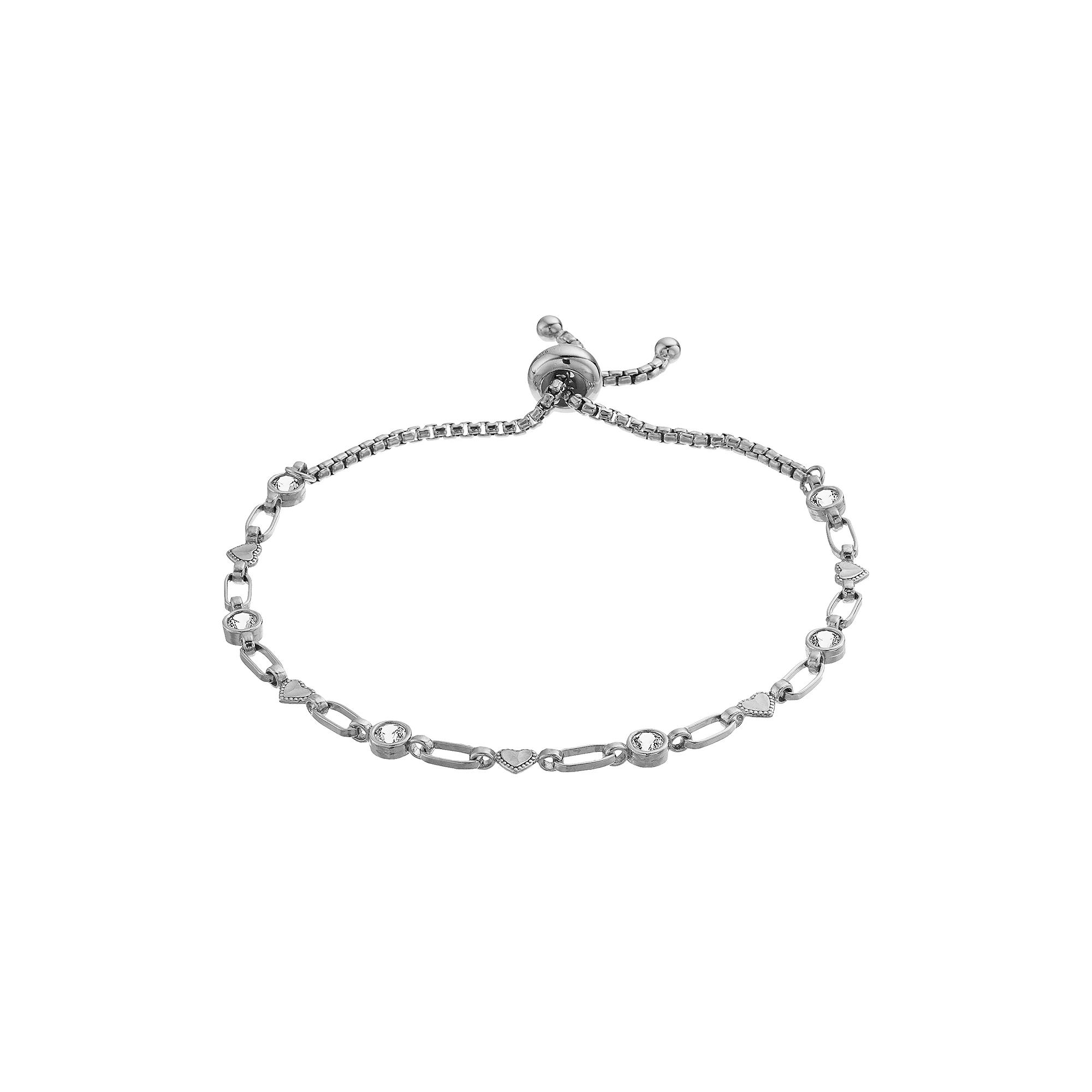 Kristen Kesho Sterling Silver Lab-Created White Sapphire & Heart Link Adjustable Bolo Bracelet, Women's, Size: 9.50 Product Image