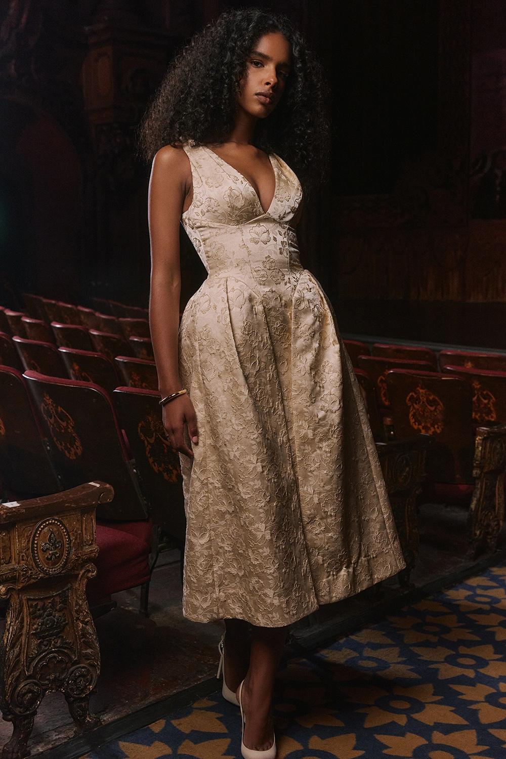 Paloma  ivory metallic jacquard midi dress - sale Product Image