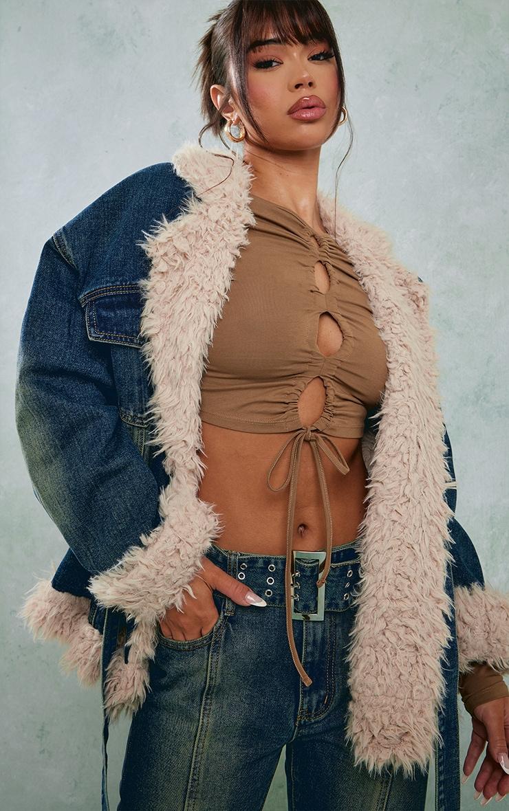 Indigo Vintage Wash Borg Contrast Tie Waist Denim Jacket Product Image