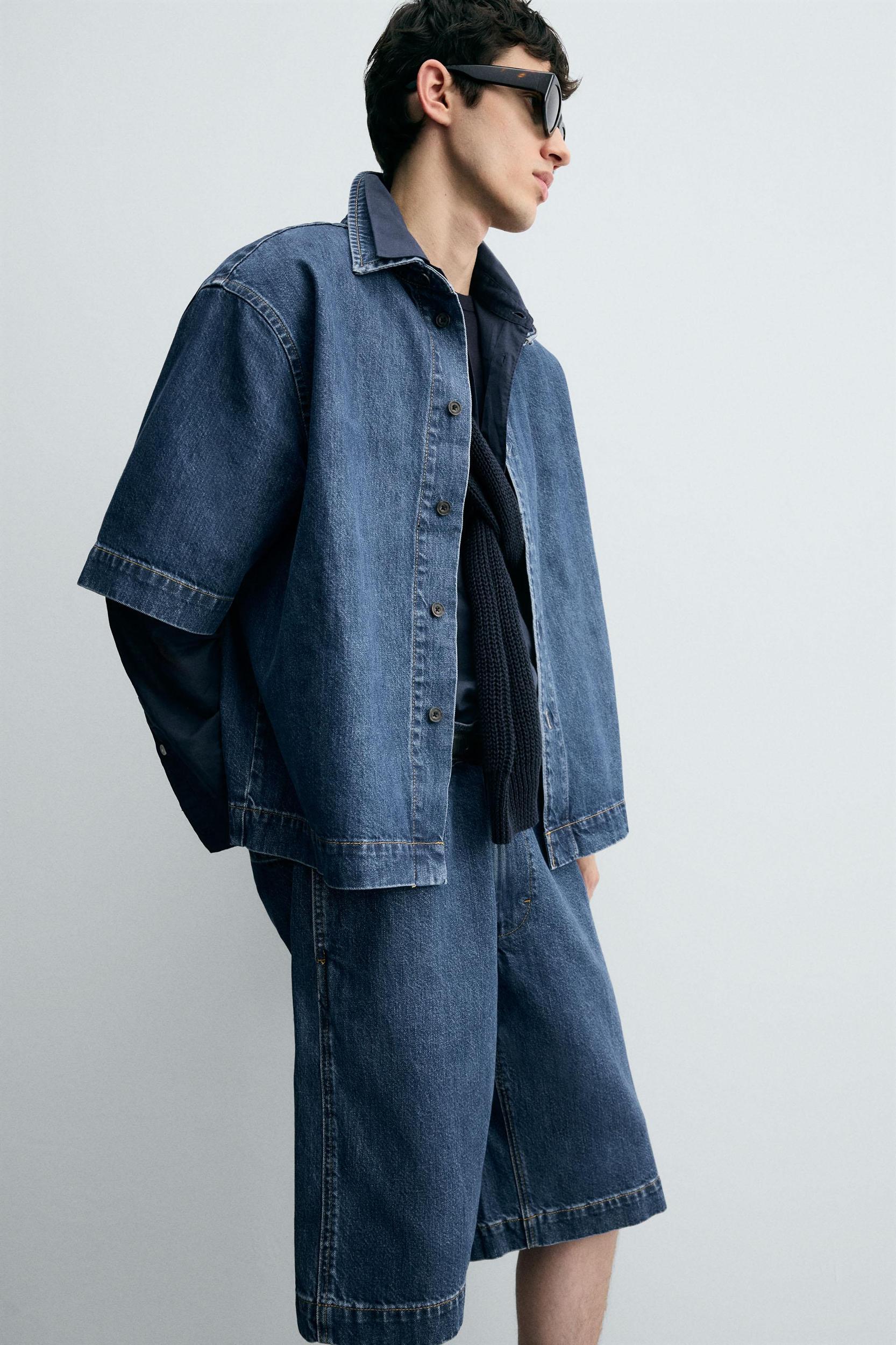 PLEATED RELAXED FIT DENIM SHORTS Product Image