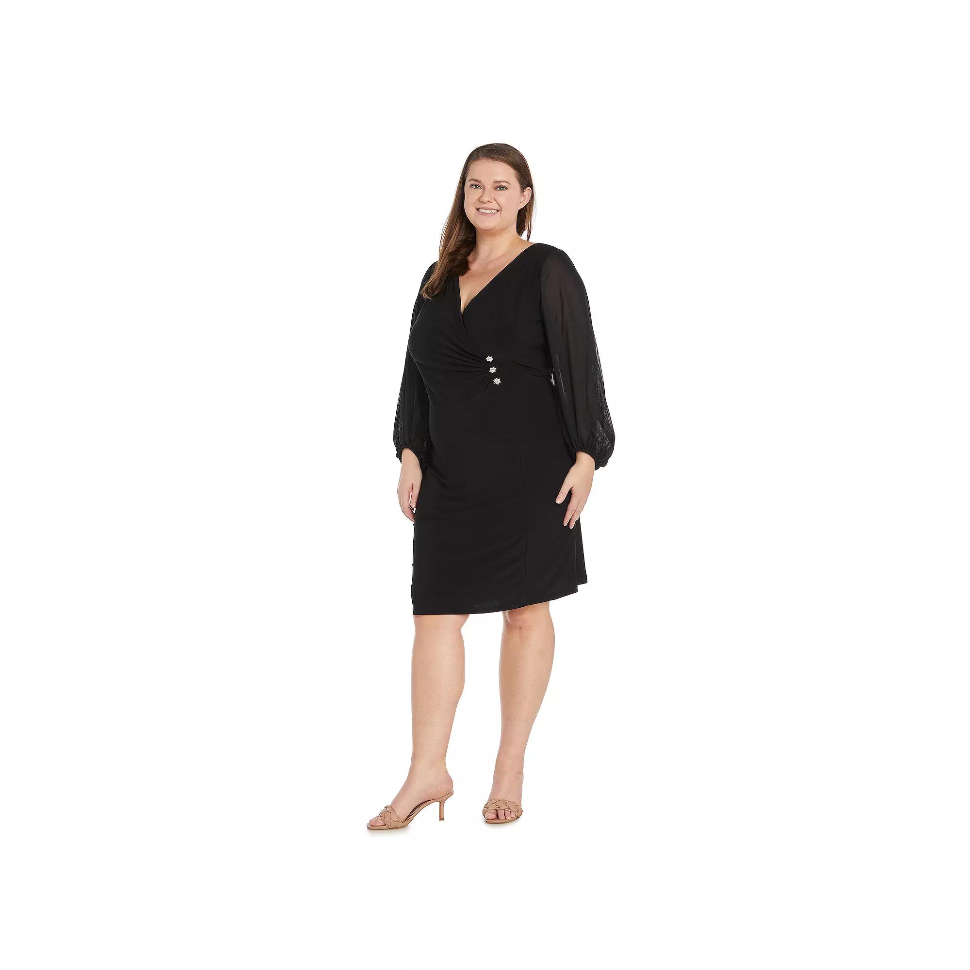 Plus Size R&M Richards Blouson Sleeve Surplice Wrap Dress With Rhinestone Button Detail, Womens Product Image