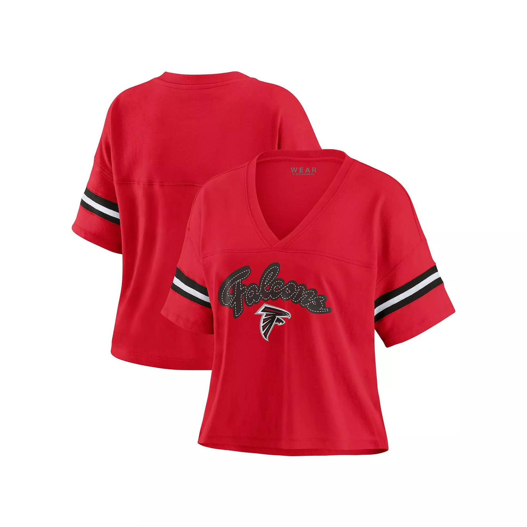 Women's WEAR by Erin Andrews Red Atlanta Falcons Color Block Boxy Modest Crop V-Neck T-Shirt, Size: Large Product Image