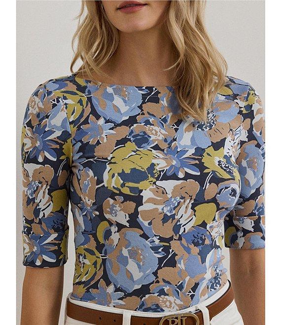 Lauren Ralph Lauren Stretch Cotton Floral Boatneck Elbow-Length Sleeve T-Shirt Product Image