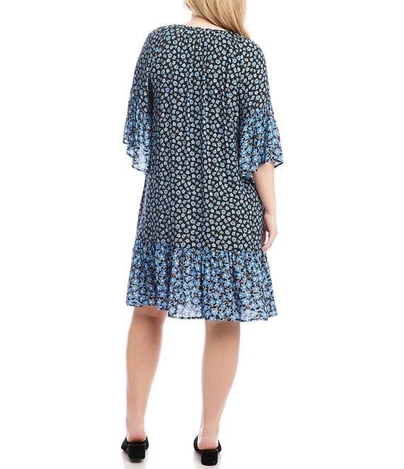 Karen Kane Plus Size Printed Split V-Neck 3/4 Bell Sleeve Contrast Ruffle Hem Shift Dress Product Image