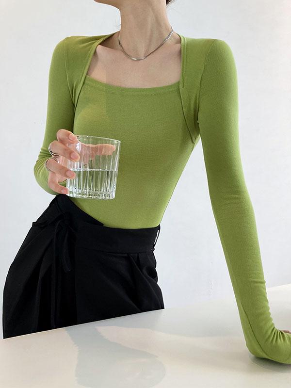 Long Sleeves Skinny Solid Color Square-Neck T-Shirts Tops Product Image