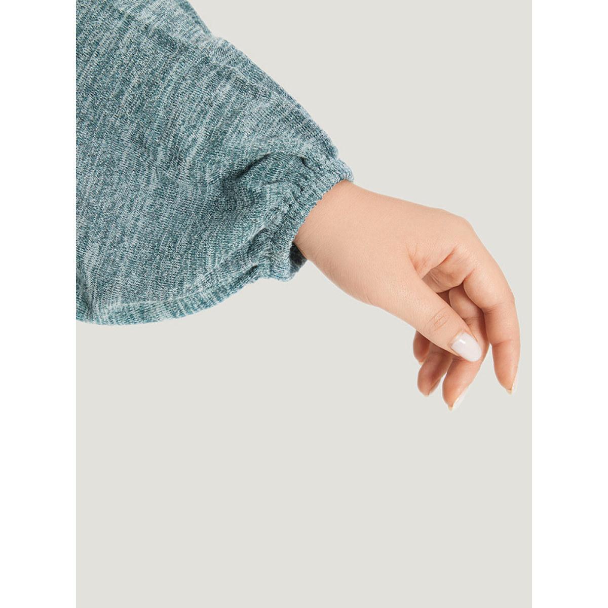 Plus Size Lace Insert Curved Hem Lantern Sleeve Sweatshirt Women Cyan Elegant Elastic cuffs V-neck Dailywear Sweatshirts BloomChic 30/6X Product Image