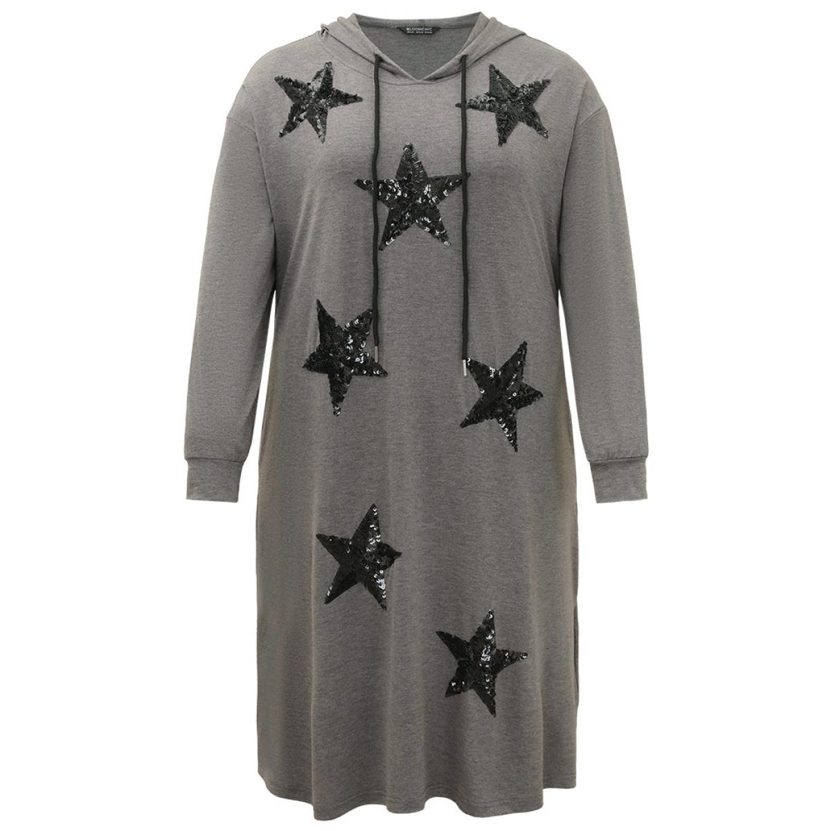 Plus Size Star Sequin Drawstring Pocket Hooded Dress DimGray Women Casual Plain Hooded Long Sleeve Curvy Midi Dress BloomChic 22-24/3X Product Image