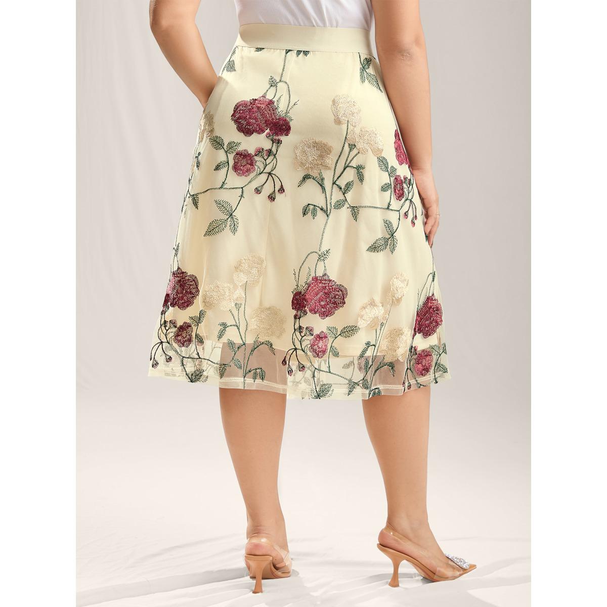 Plus Size Roses Forever Pleated Lined Midi Skirt Women Beige Elegant Gathered Bodycon Low stretch Slanted pocket Everyday-Elegant Skirts BloomChic 10/M Product Image