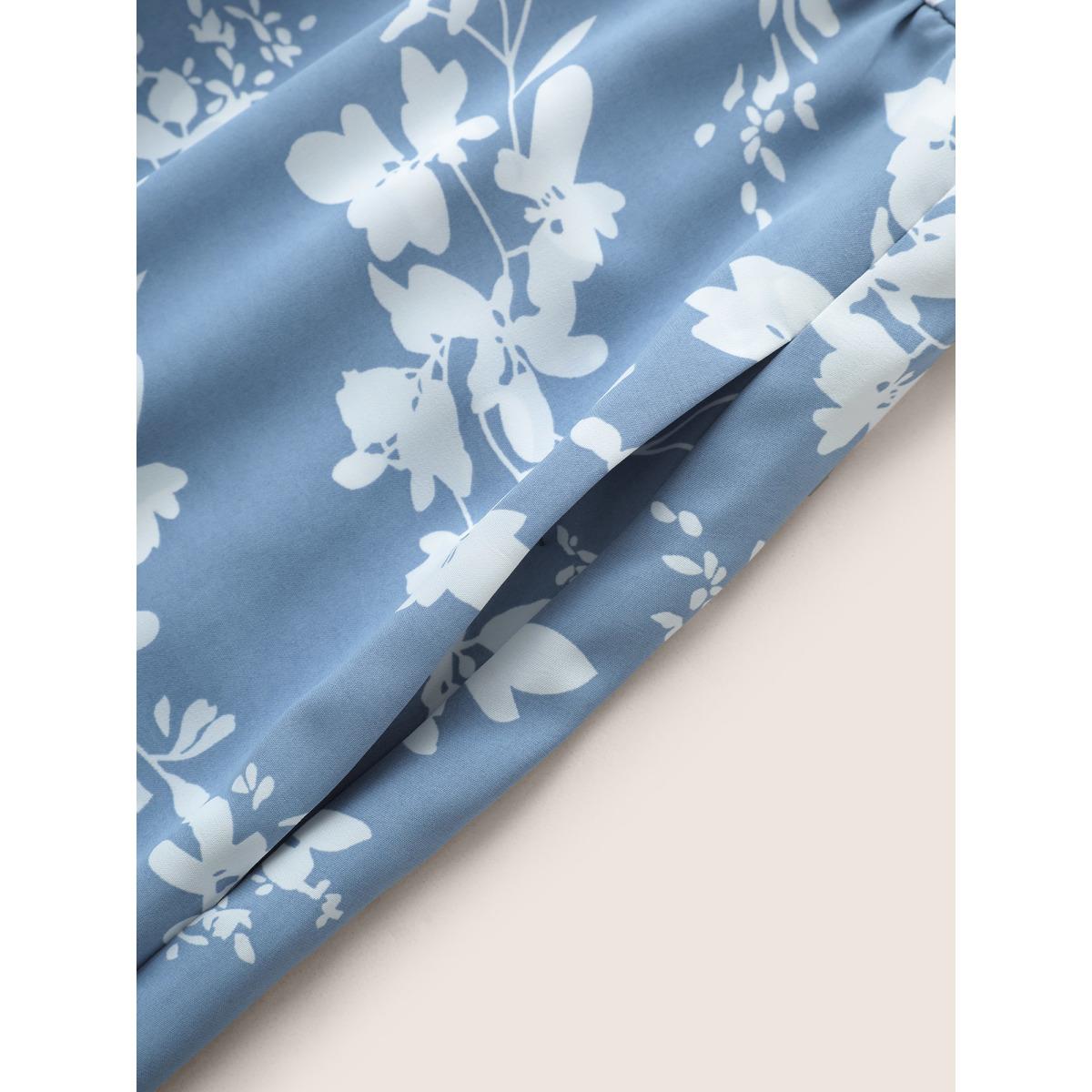 Plus Size Silhouette Floral Print Patchwork Elastic Waist Dress LightBlue Women Elegant Non V-neck Short sleeve Curvy Midi Dress BloomChic 18-20/2X Product Image