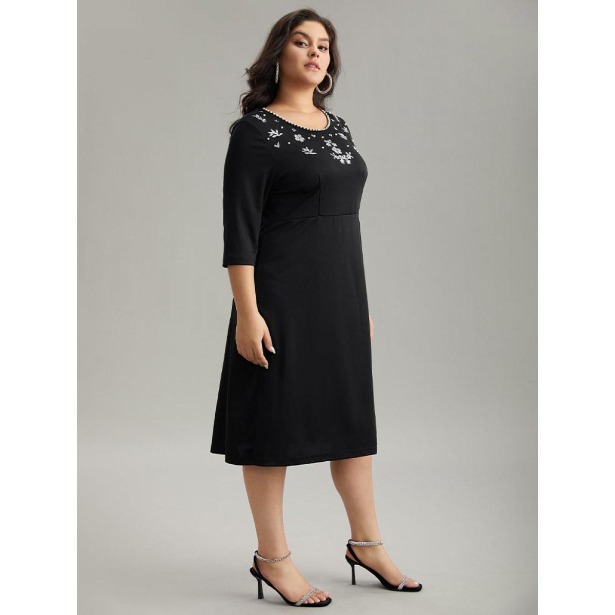 Plus Size Round Neck Sequin Pearl Beaded Dress Black Women Glamour Beaded Round Neck Elbow-length sleeve Curvy Midi Dress BloomChic 14-16/1X Product Image