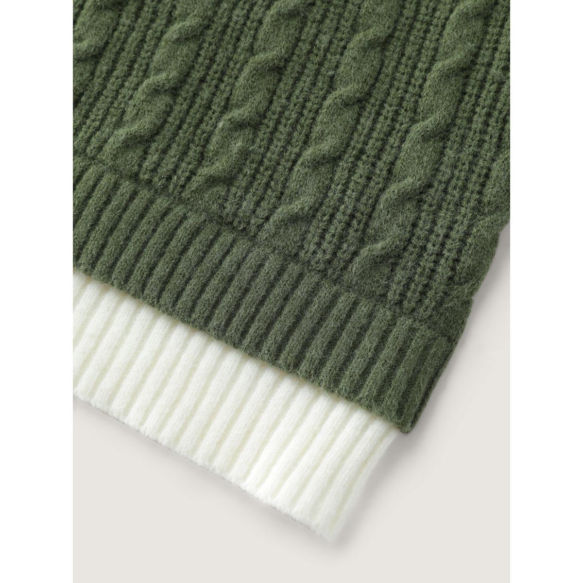 Plus Size 2-in-1 Cableknit Layered Tie Pullover DarkGreen Women Leisure Loose Long Sleeve V-neck Casual Pullovers BloomChic 18-20/2X Product Image