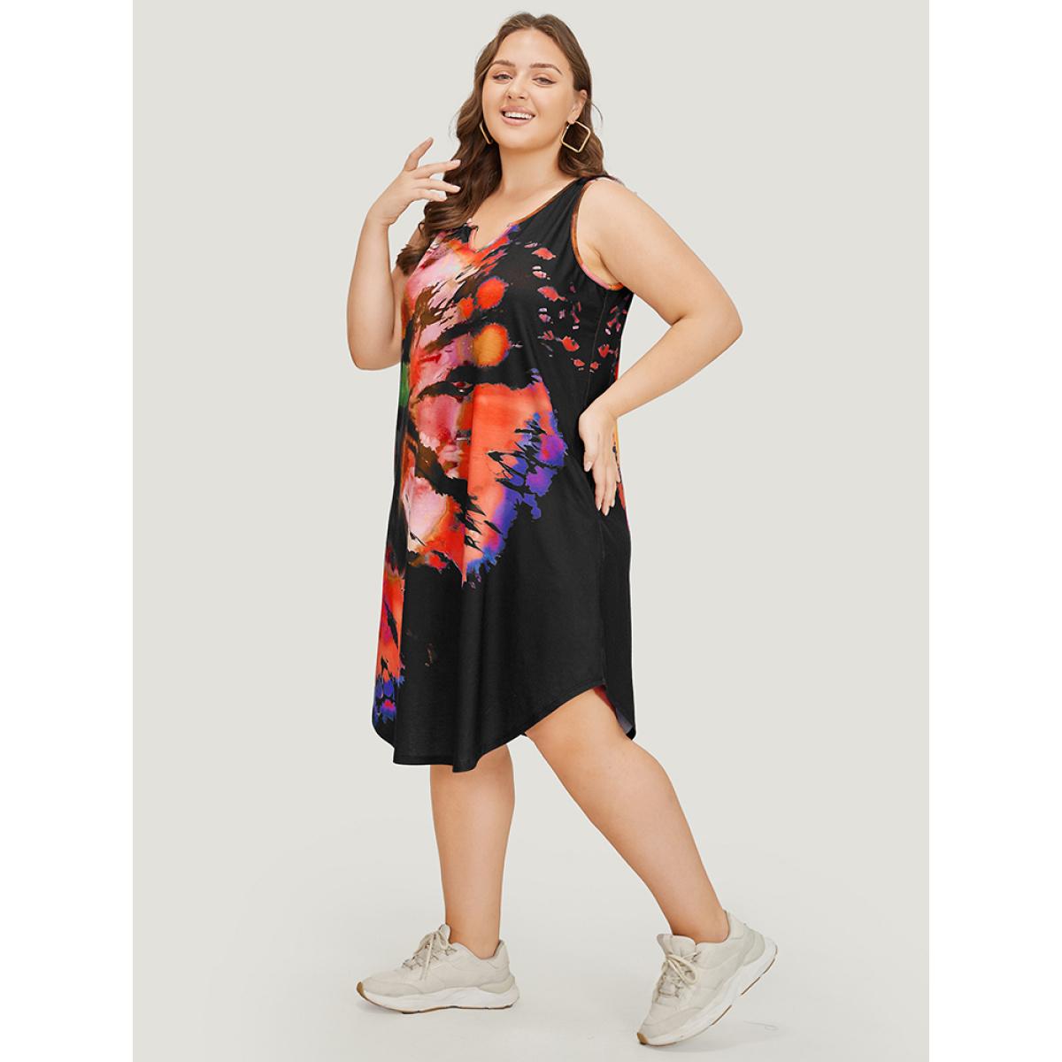 Plus Size Tie Dye Notched Pocket Arc Hem Tank Dress Red Women Casual Arc Hem Notched collar Sleeveless Curvy Midi Dress BloomChic 22-24/3X Product Image