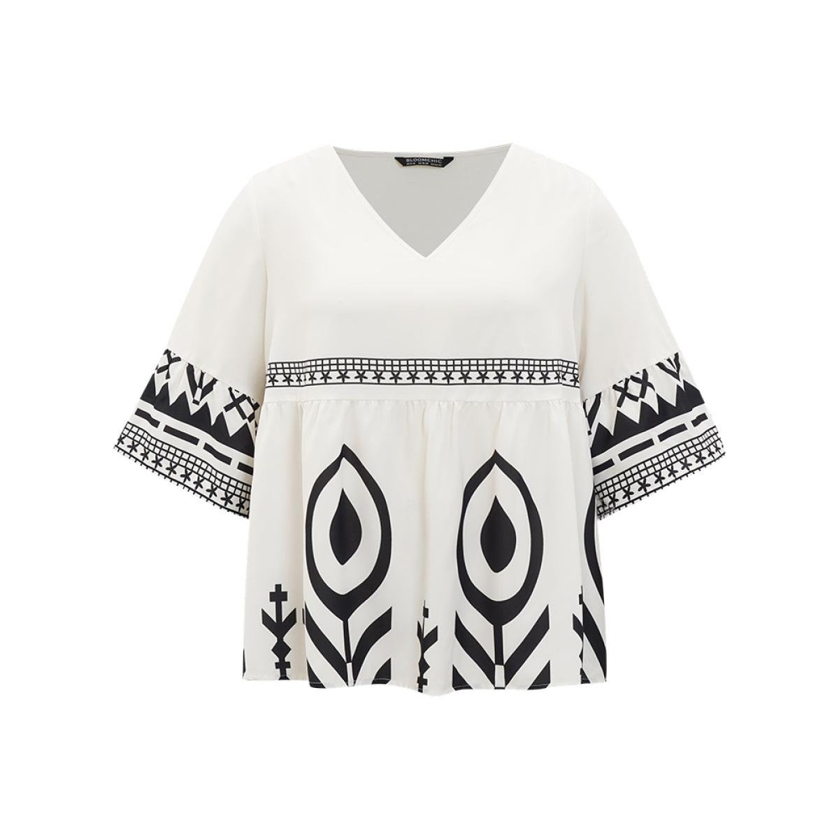 Plus Size Ivory Silhouette Floral Print Bell Sleeve Ruffle Hem Blouse Women Vacation Elbow-length sleeve V-neck Dailywear Blouses BloomChic 18-20/2X Product Image