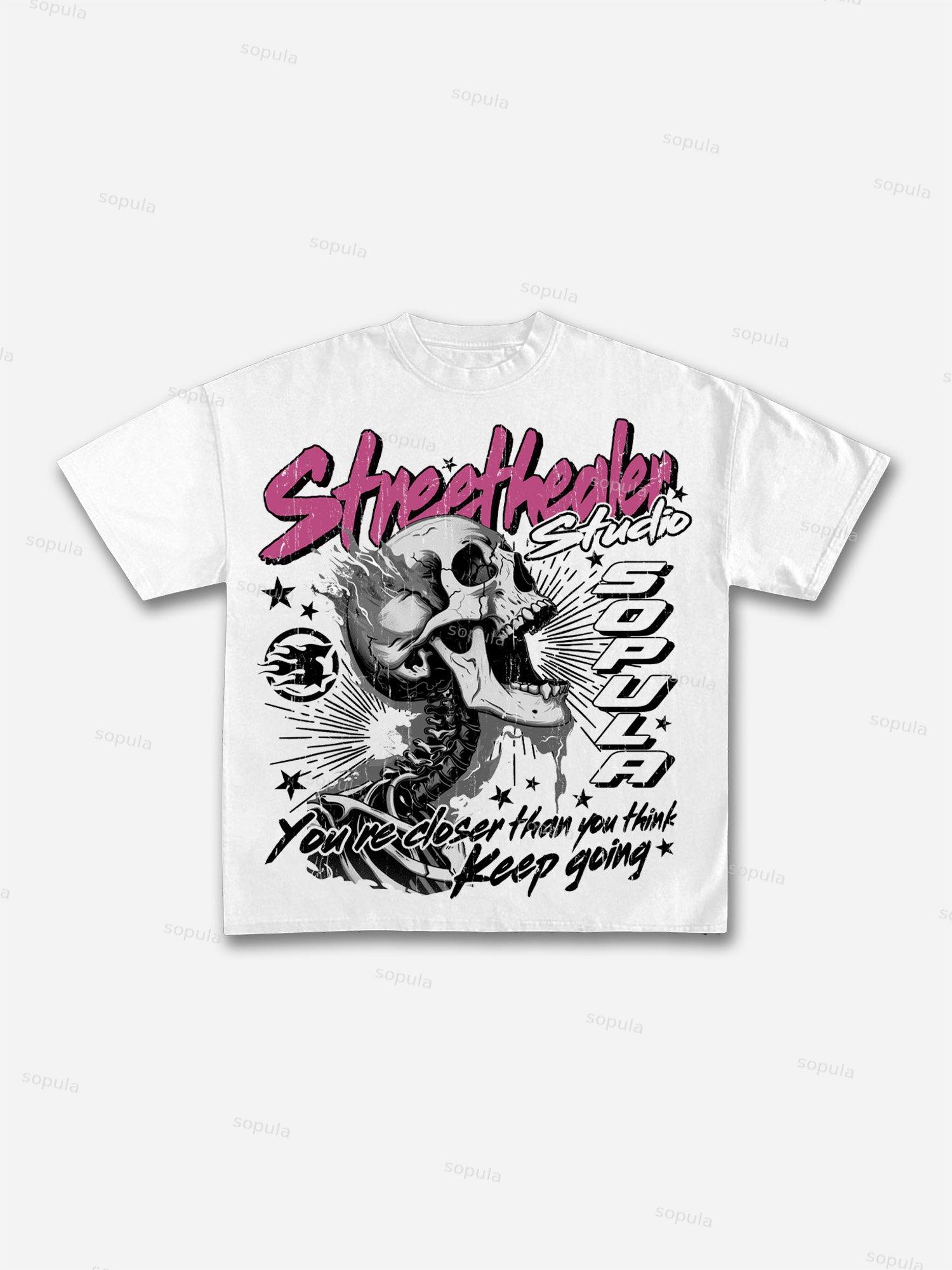 Street Healer Flaming Skulls Old Vintage Graphic Cotton T-shirt Product Image