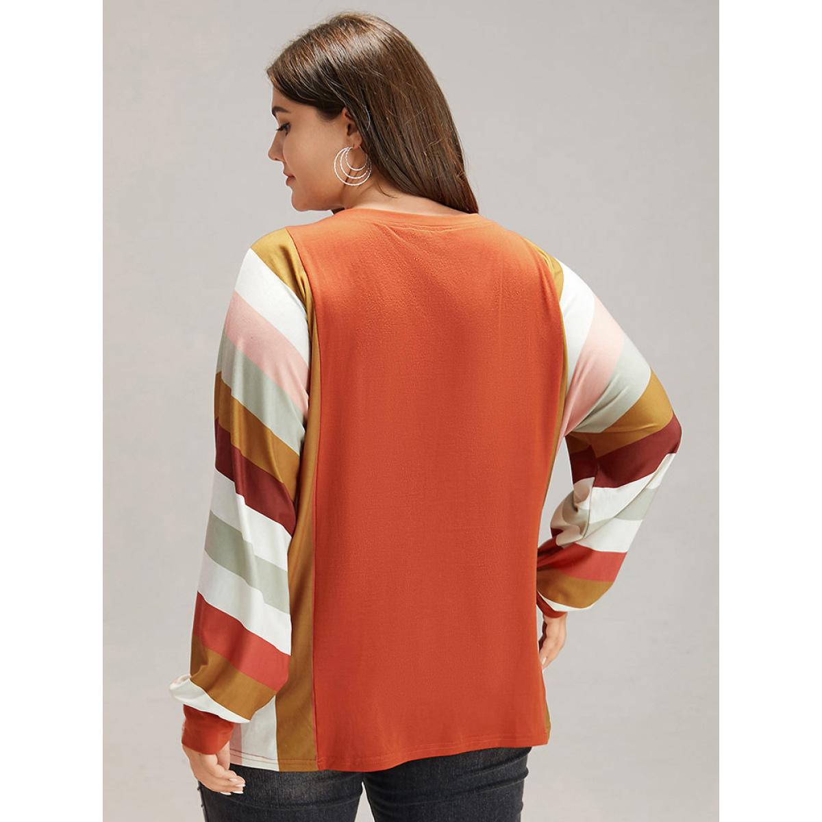 Plus Size Colour Striped V Neck Batwing Sleeve T-shirt Multicolor Women Casual Elastic cuffs Striped V-neck Dailywear T-shirts BloomChic 10/M Product Image