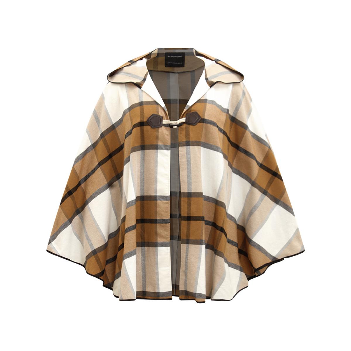 Plus Size Plaid Duffle Button Hooded Cape Coat Women Bronze Casual Button Loose Ladies Dailywear Winter Coats BloomChic 10/M Product Image