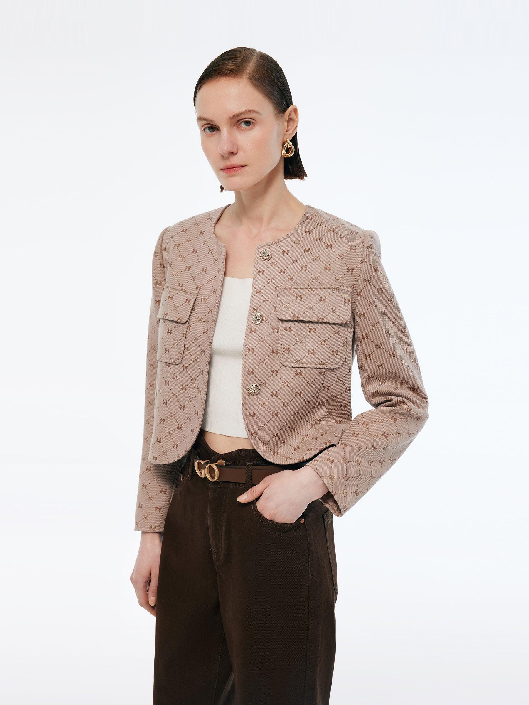Faux Suede Round Neck Women Crop Jacket Product Image