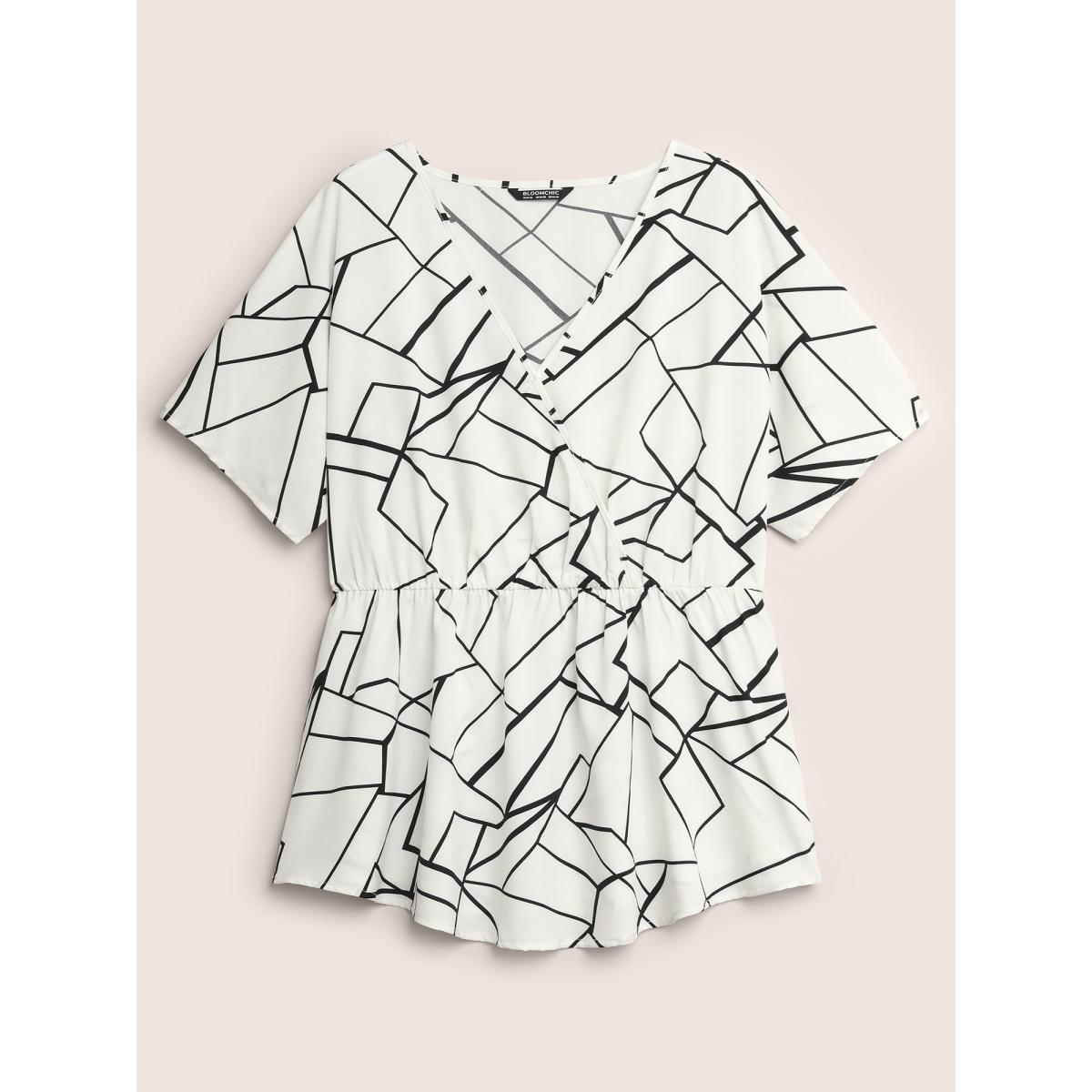 Plus Size Ivory Geometric Overlap Collar Ruffle Sleeve Blouse Women At the Office Short sleeve Overlap Collar Work Blouses BloomChic 12/L Product Image