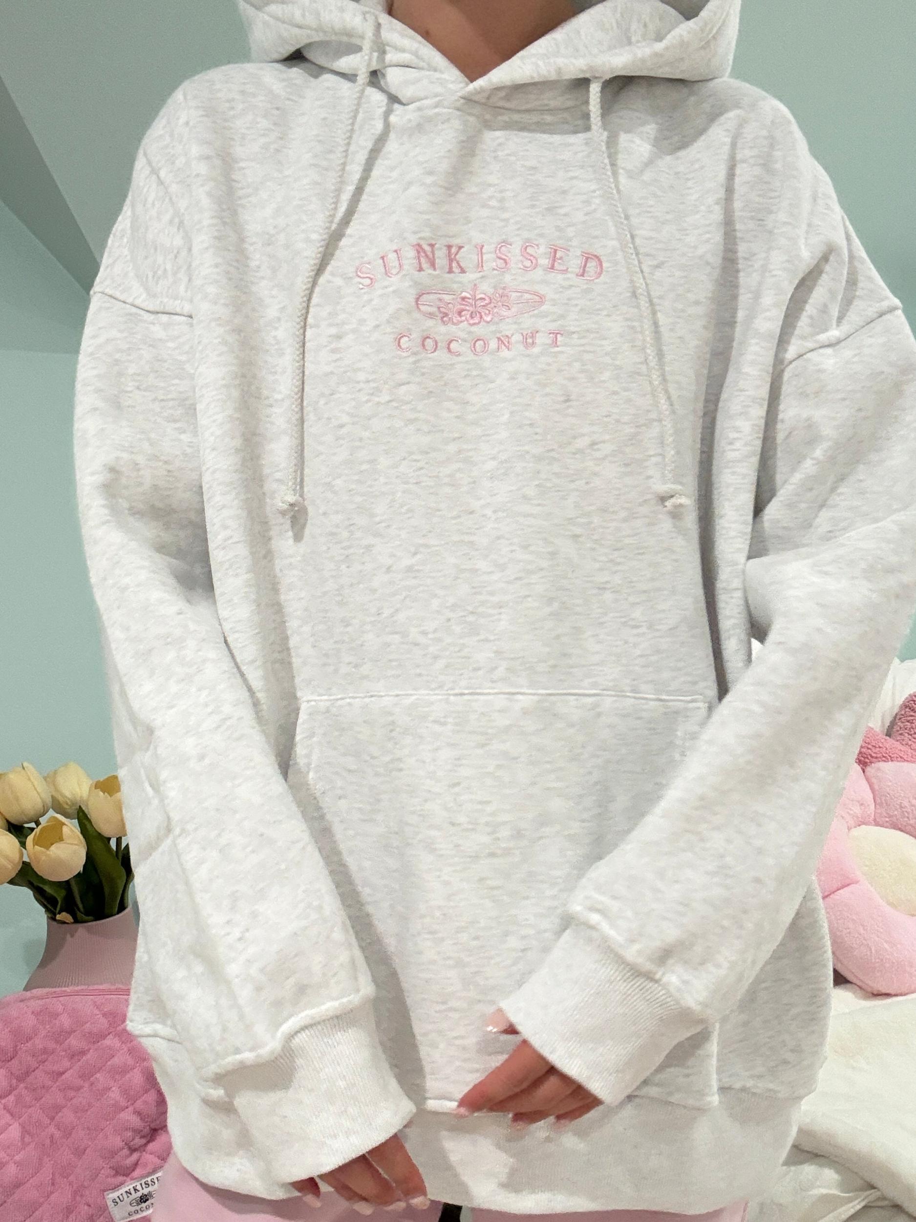Pearl Grey and Pink Thread Sunkissedcoconut Logo Embroider Hoodie Product Image