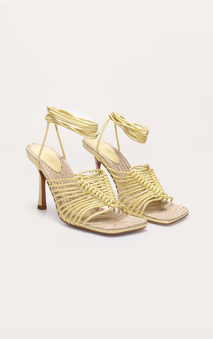 Butter Yellow Pu Square Knotted Toe Lace Up Heeled Sandals Product Image